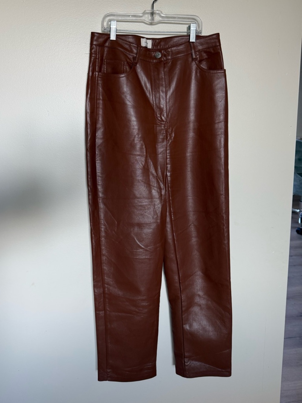 Aritzia Faux Leather High-Rise Straight Pants in Deep Brown